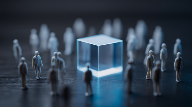 A glowing cube stands out among a crowd of small, faceless figures on a dark background