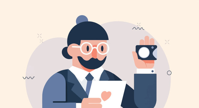 Stylized person in suit holding a small camera and a paper with heart