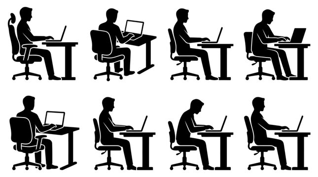 Verschiedene Sitzhaltungen beim Arbeiten am Computer, von ergonomisch korrekt bis ungesund.