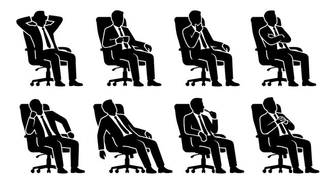 Silhouettes d'hommes d'affaires assis dans des chaises de bureau, illustrant diff&eacute;rentes postures et &eacute;tats d'esprit.