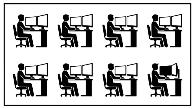 Acht stilisierte Personen sitzen an Schreibtischen mit jeweils zwei Computermonitoren, eine Darstellung von B&uuml;roarbeit und Technologie.