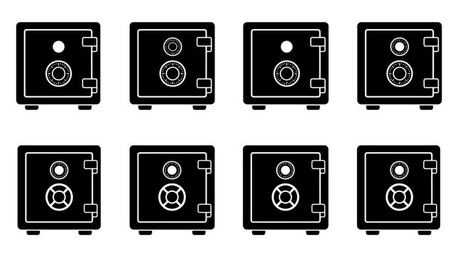 Huit ic&ocirc;nes vectorielles noires de coffres-forts avec serrures &agrave; combinaison et poign&eacute;es, sur fond blanc.