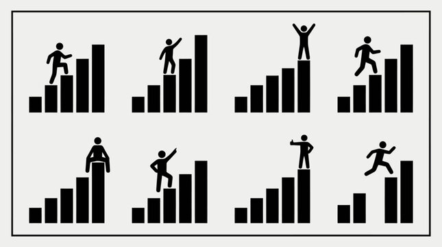 Illustrations de figures humaines stylis&eacute;es repr&eacute;sentant la progression, le succ&egrave;s et les d&eacute;fis sur des graphiques &agrave; barres.
