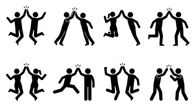 Huit paires de figures b&acirc;ton noires c&eacute;l&eacute;brant avec des high fives, symbolisant la r&eacute;ussite et la collaboration.