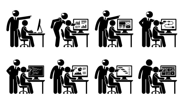 Piktogramme zeigen einen Ausbilder, der einen Sch&uuml;ler oder Angestellten am Computer in verschiedenen Lern- und Arbeitssituationen anleitet.