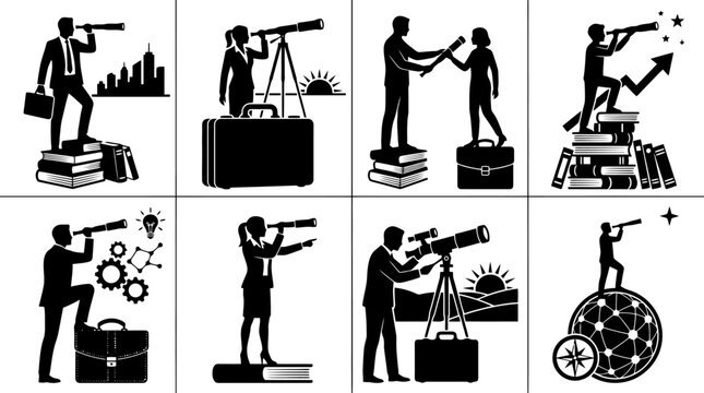 Gesch&auml;ftsleute mit Teleskopen, die in die Zukunft blicken, auf B&uuml;chern und Aktentaschen stehend, symbolisieren Vision und Erfolg.
