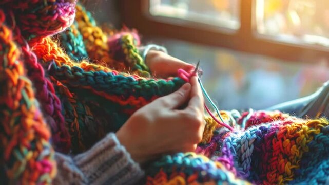 person knitting a colorful blanket indoors.