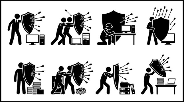Menschen sch&uuml;tzen Computer, Daten und Dokumente mit Schilden vor Bedrohungen, symbolisiert als Pfeile, in verschiedenen Szenarien der Cybersicherheit und des Datenschutzes.