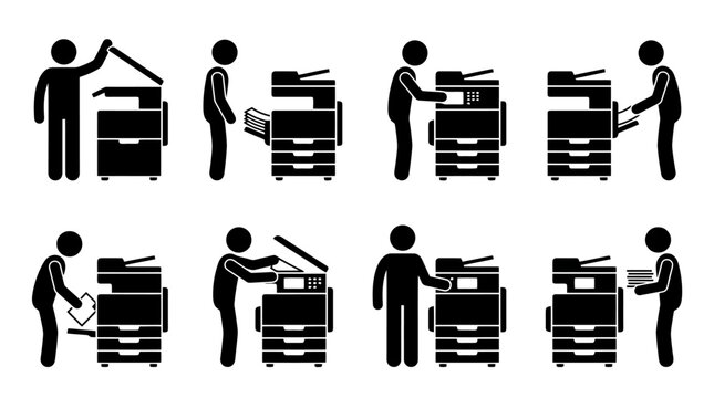 Instructions visuelles pour l'utilisation d'un photocopieur multifonction, d&eacute;taillant chaque &eacute;tape.