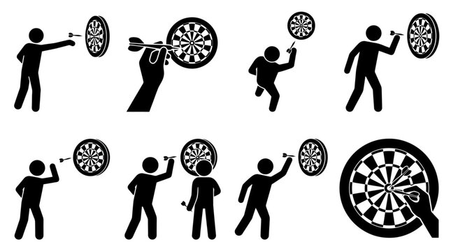 Verschiedene Piktogramme und Illustrationen von Personen, die Darts spielen und Dartscheiben mit Pfeilen.