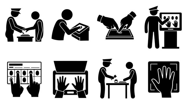 Piktogramme zur Identifikation, Sicherheitskontrolle und biometrischen Erfassung von Personen an Grenz&uuml;berg&auml;ngen und Kontrollpunkten.