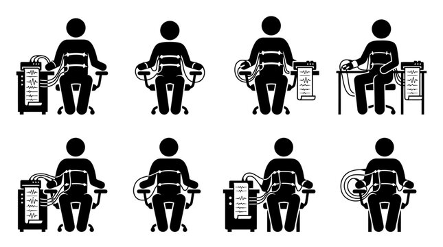 Illustration von acht Personen, die an L&uuml;gendetektoren angeschlossen sind und getestet werden.