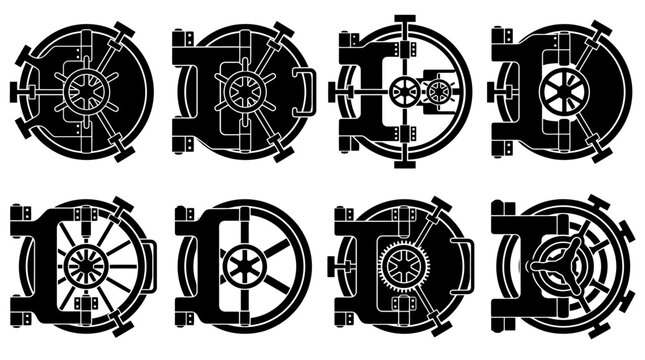 Acht verschiedene Silhouetten von runden Tresort&uuml;ren oder U-Boot-Lukent&uuml;ren mit komplexen Mechanismen.