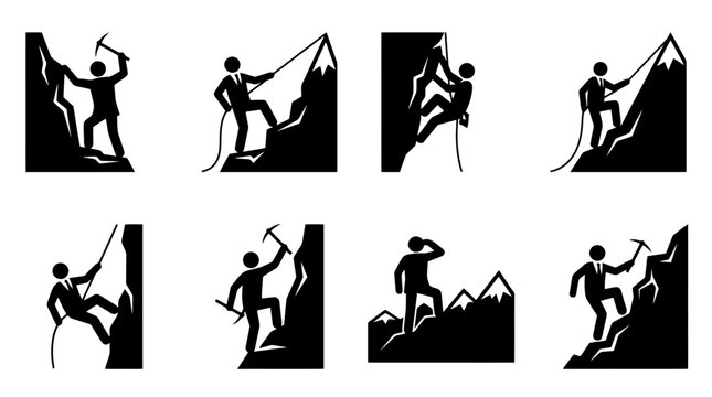 Acht schwarze Silhouetten von Bergsteigern und Kletterern bei verschiedenen Aktivit&auml;ten in den Bergen.