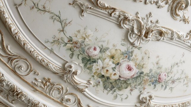 Elegant floral ceiling detail with classic ornamental design and painted flowers