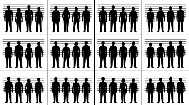 Multiple rows of diverse silhouetted figures standing against height measurement charts, resembling police lineups.