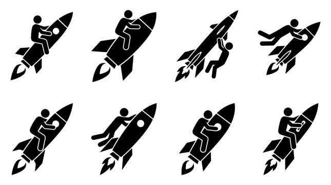 Stick figures riding, holding, and falling off rockets, illustrating concepts of ambition, struggle, and success in various scenarios.