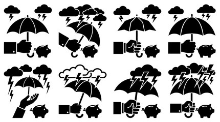 A collection of black and white icons depicting hands holding umbrellas over piggy banks during a storm, symbolizing financial protection and risk management. © Insa Batool