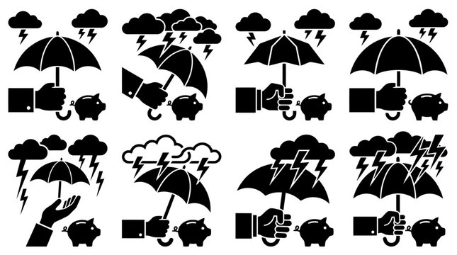 A collection of black and white icons depicting hands holding umbrellas over piggy banks during a storm, symbolizing financial protection and risk management.