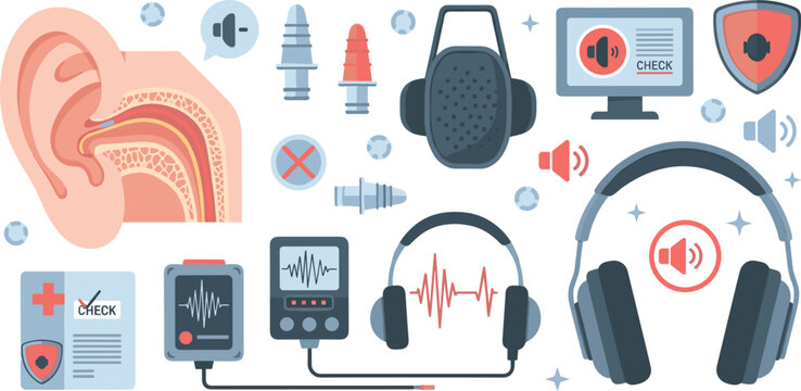 Hearing Test and Audiology Equipment Set with Ear Anatomy, Headphones, Hearing Aid, and Sound Diagnostics