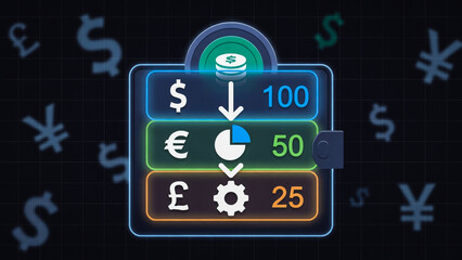 Fototapeta premium A digital graphic displays currency icons descending into a vault. It shows US dollars, Euros, British Pounds, and Yen.