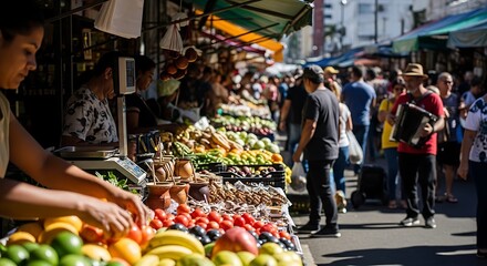 Obraz premium Bustling Outdoor Market with Fresh Fruit and Shoppers