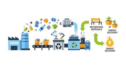 Fototapeta premium Circular Economy: Waste Recycling, Repurposed Materials & Energy Recovery Process. Sustainable Resource Management Infographic.