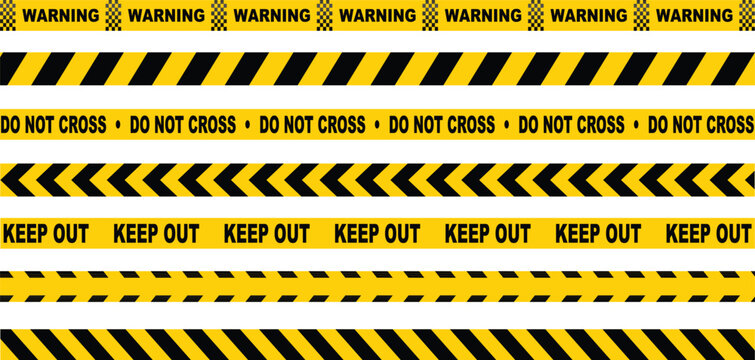Creative vector illustration of black and yellow police stripe border. Set of danger caution seamless tapes. Art design line of crime places. Construction sign. Abstract concept graphic element. 