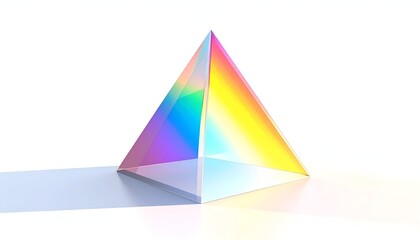 Prism refracting light into rainbow spectrum on white background.