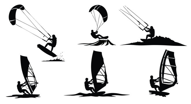 Kitesurfing and windsurfing action scenes in a dynamic black silhouette