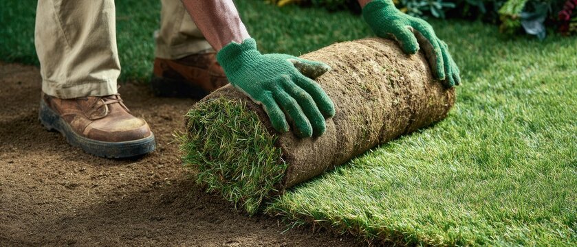 Gardener installing fresh green sod rolls on a lawn.