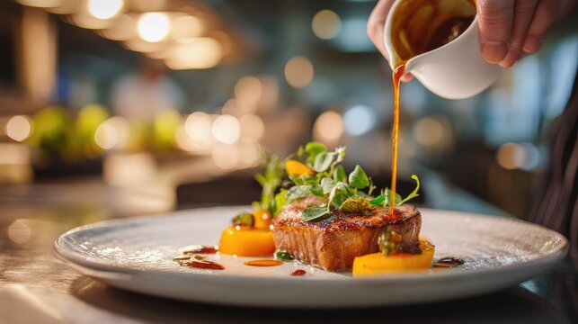 Gourmet dish with sauce being poured over it in a restaurant setting.