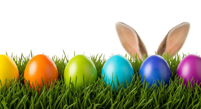 Colorful easter eggs in grass with bunny ears on white background for spring holiday