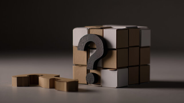 A stack of puzzle blocks with a question mark on one side and missing pieces nearby