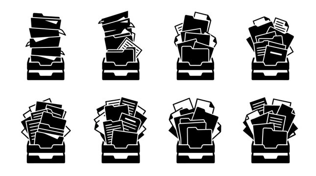 Eight black and white icons depicting overflowing file trays and document boxes, symbolizing bureaucracy, heavy workload, or disorganization.