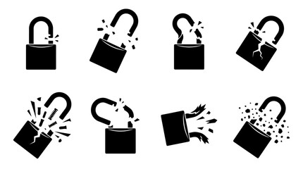 Collection of eight black icons depicting padlocks in various stages of being broken or unlocked, symbolizing security breaches or access. © Insa Batool