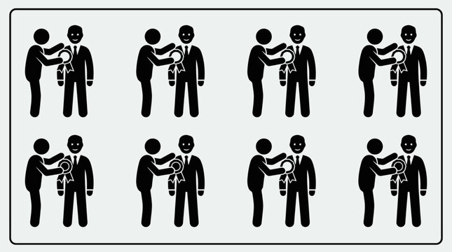Eight identical illustrations of one person pinning a medal or award onto another person's suit jacket.