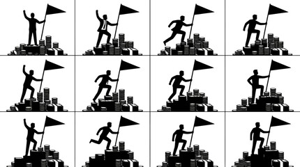 Obraz premium Silhouettes of businessmen climbing a mountain of coins and planting a flag at the summit, symbolizing success and achievement.