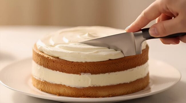 Person applying icing to a delicious layered cake with a stainless steel spatula