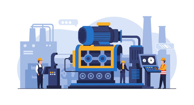 Industrial Production Factory with Workers Operating Machinery & Control Panels - Manufacturing Process & Engineering