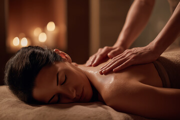 Fototapeta premium Woman receiving back massage in dim spa room, close-up side view; relaxing massage therapy, wellness treatment