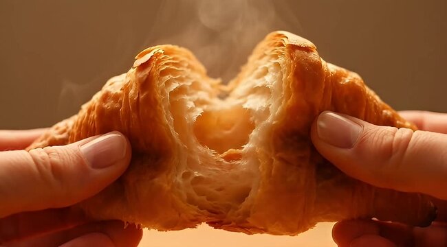 Close up of hands breaking open a hot, fresh, golden croissant