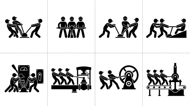 A collection of stick figure illustrations depicting people working together to operate various machines and perform tasks requiring collective effort and teamwork.