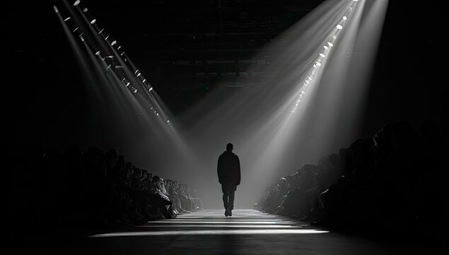 Man walking down a dark runway illuminated by dramatic spotlights.