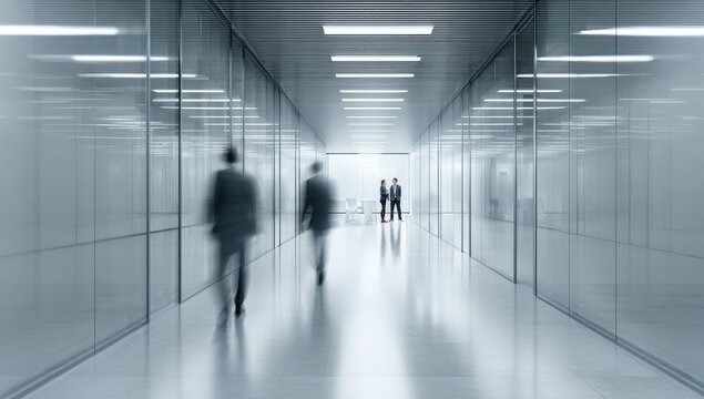 Modern Office Corridor with Silhouettes of Business People Walking.