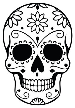 Black and white sugar skull design illustration for Day of the Dead celebration