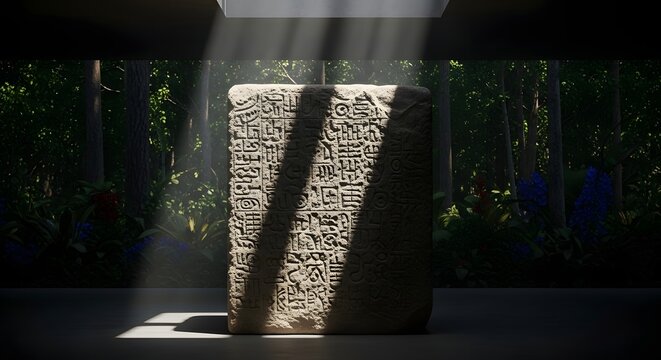 Ancient Stone Tablet with Carved Hieroglyphs, Mysterious Forest Background