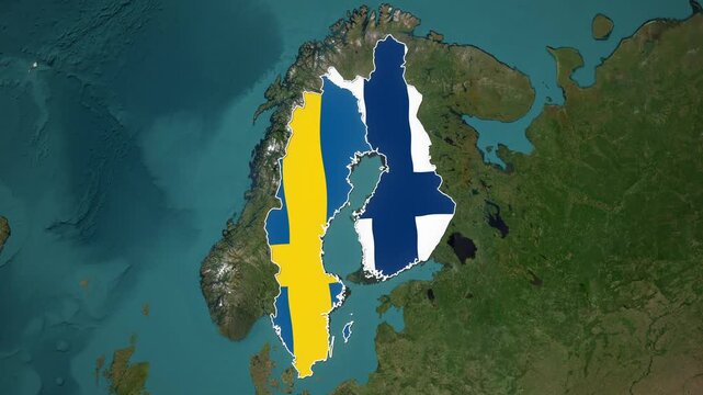 Sweden and Finland map outlines displaying national flags motion graphics video