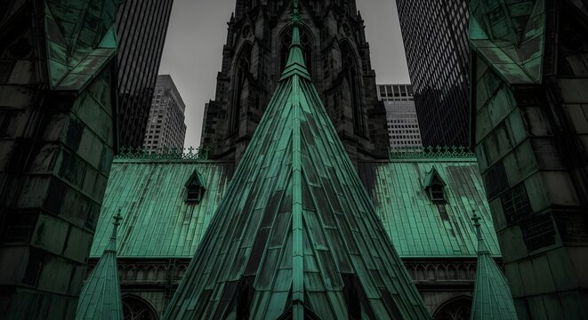 Architectural Perspective: Copper-Clad Church Spire and Modern Skyscrapers