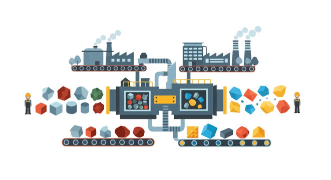 Industrial Production Line Processing Raw Materials into Refined Products - Manufacturing and Resource Transformation Concept Illustration